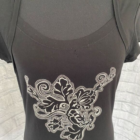 White House black market scoopneck top w/silver studded floral print women sz M - Picture 2 of 10